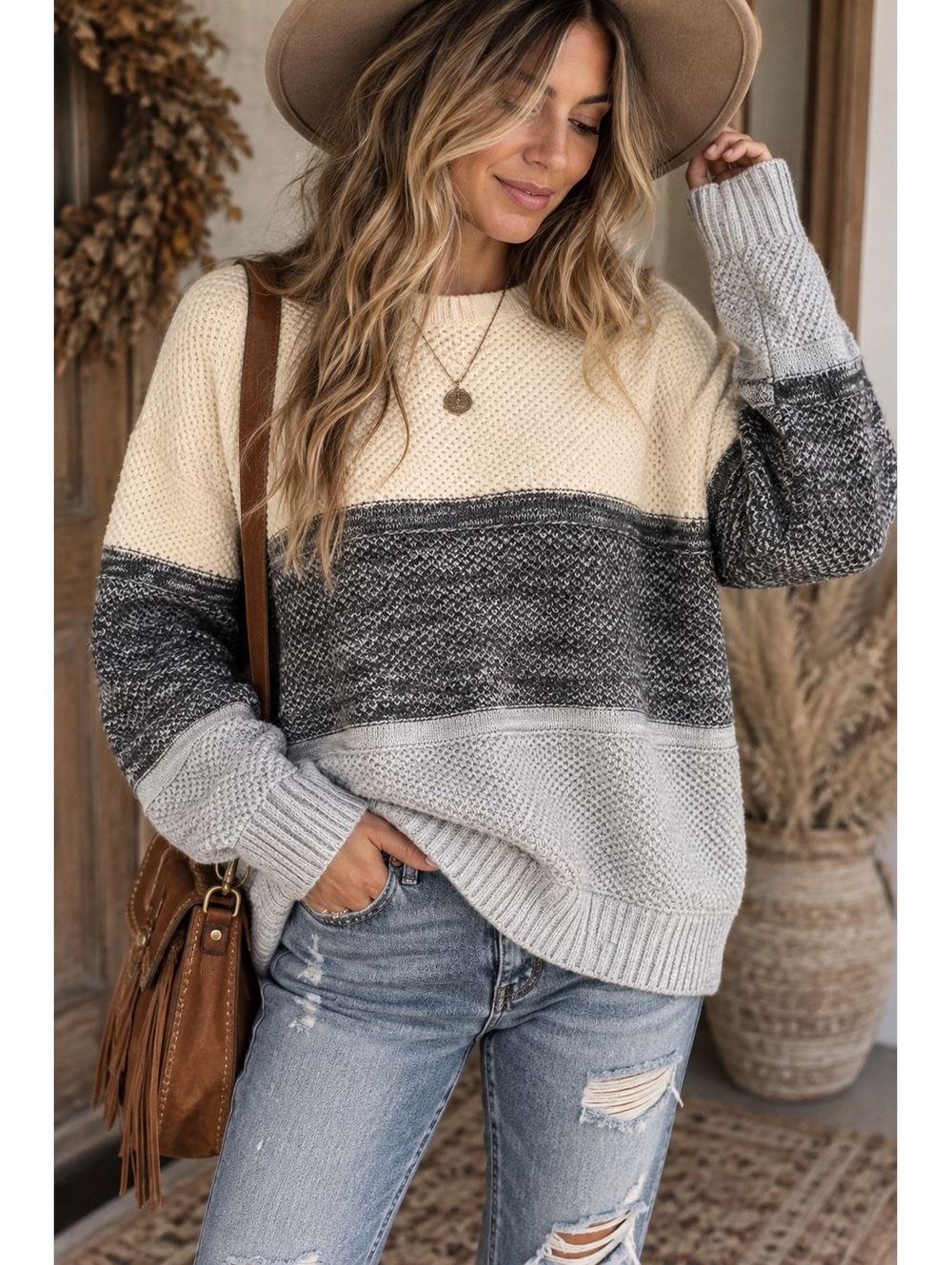 Women’s Large Cream Gray Colorblock Textured Knit Sweater